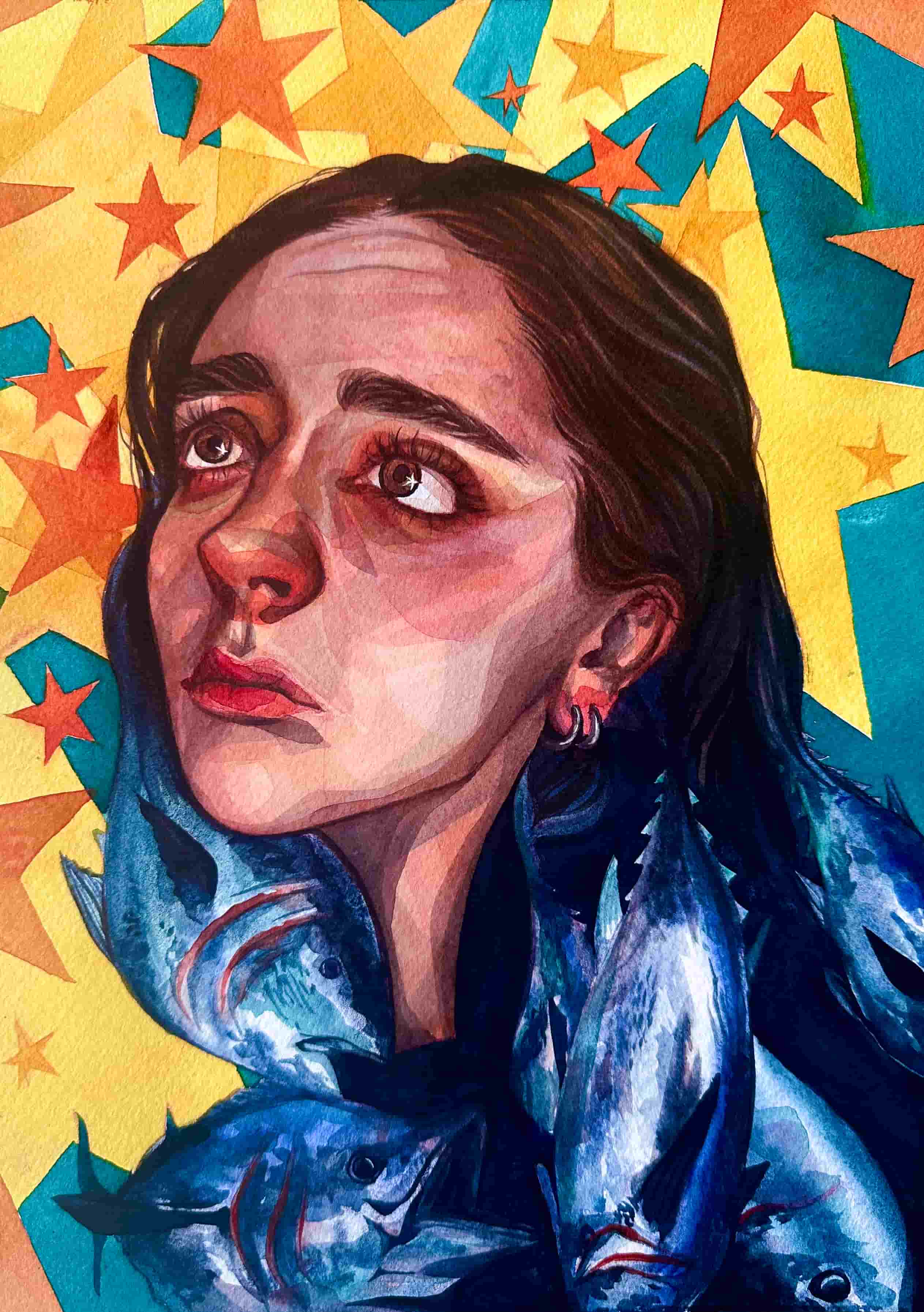 a portrait of a young woman looking towards graphic stars, with tuna escaping from her hair.